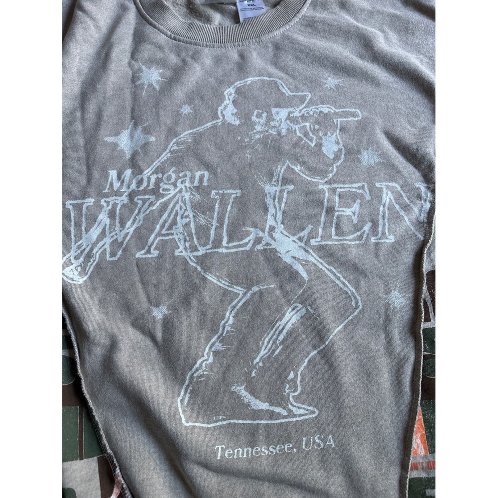 Morgan Wallen Sweatshirt Mens 2XL Khaki New Deconstructed Graphic Tour Merch - Picture 2 of 6